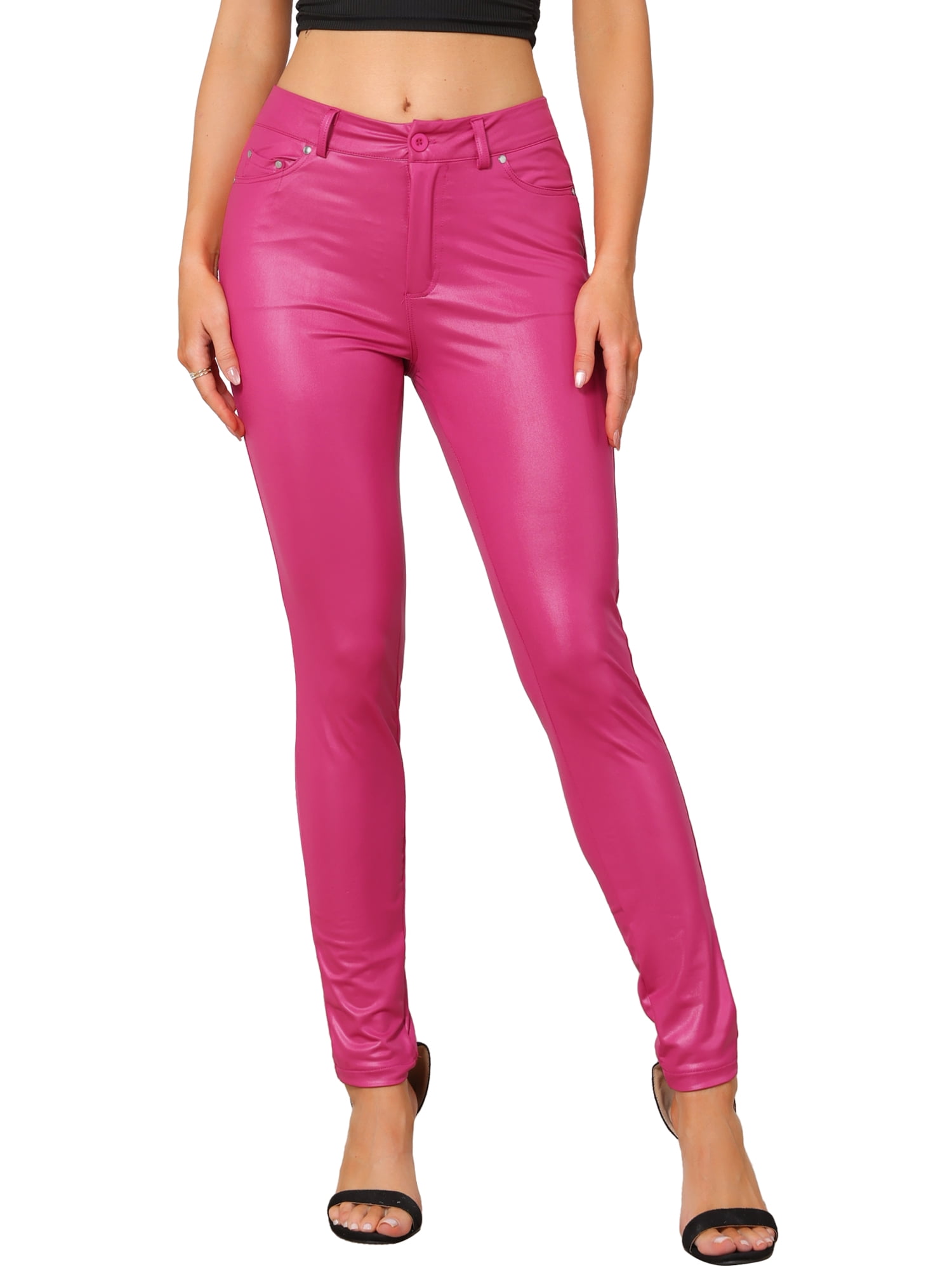 DARING DIVA Women High Waist Stretch Legging Faux Leather Pants Small Hot Pink