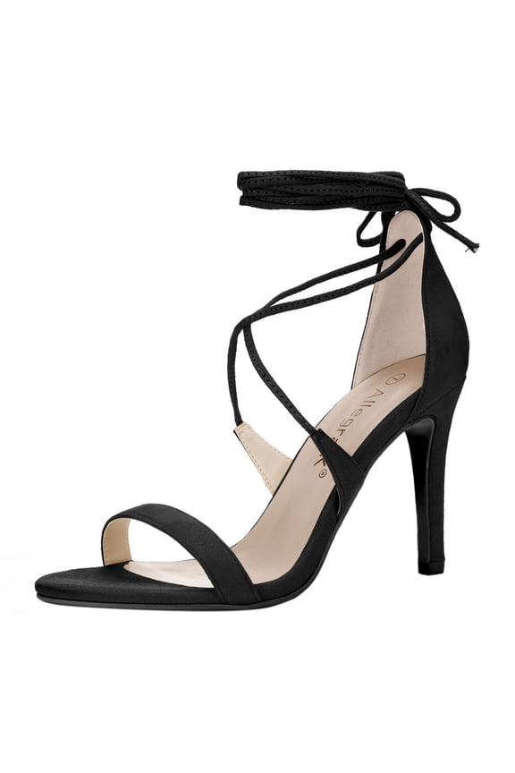 Women Open Toe Stiletto High Heel Lace-Up Black Sandals 7 Black