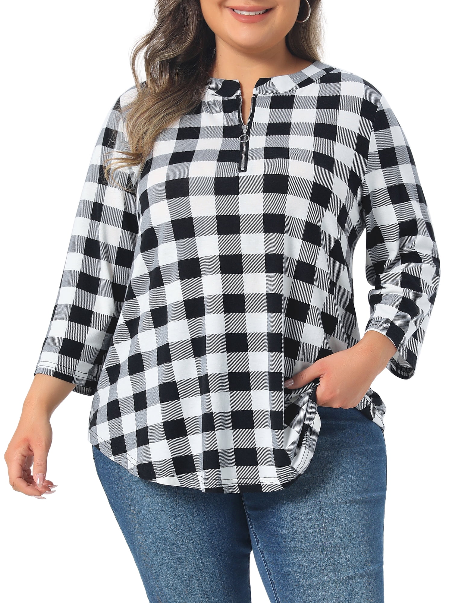 DARING DIVA Women' Plus Size 3/4 Sleeve Zip Up Floral Print V Neck Blouse 3X White