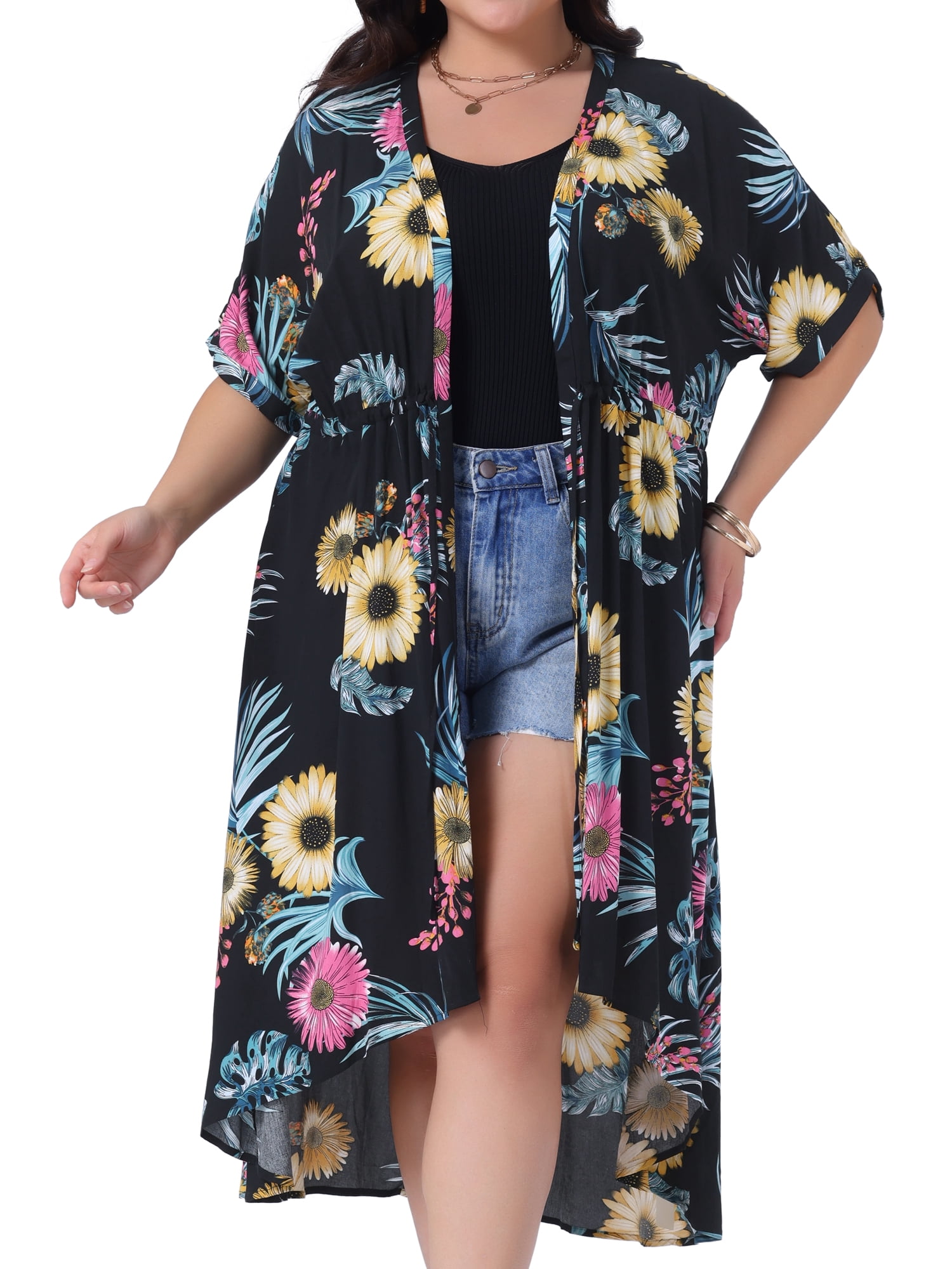 DARING DIVA Women Plus Size Floral Kimono Tie Front Cover Up 2X Black