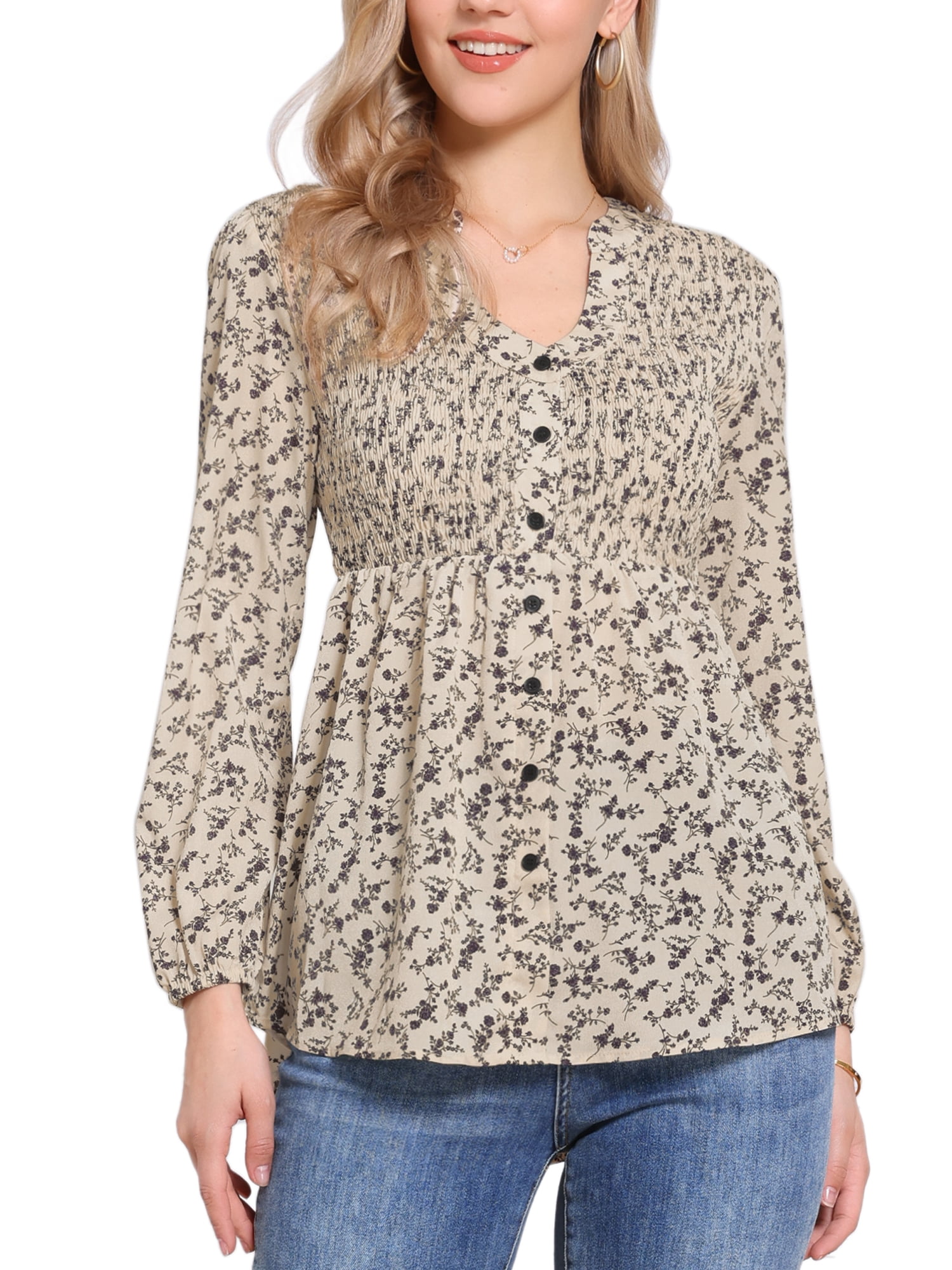 DARING DIVA Women'S V Neck Long Sleeves Casual Smocked Top XL Apricot