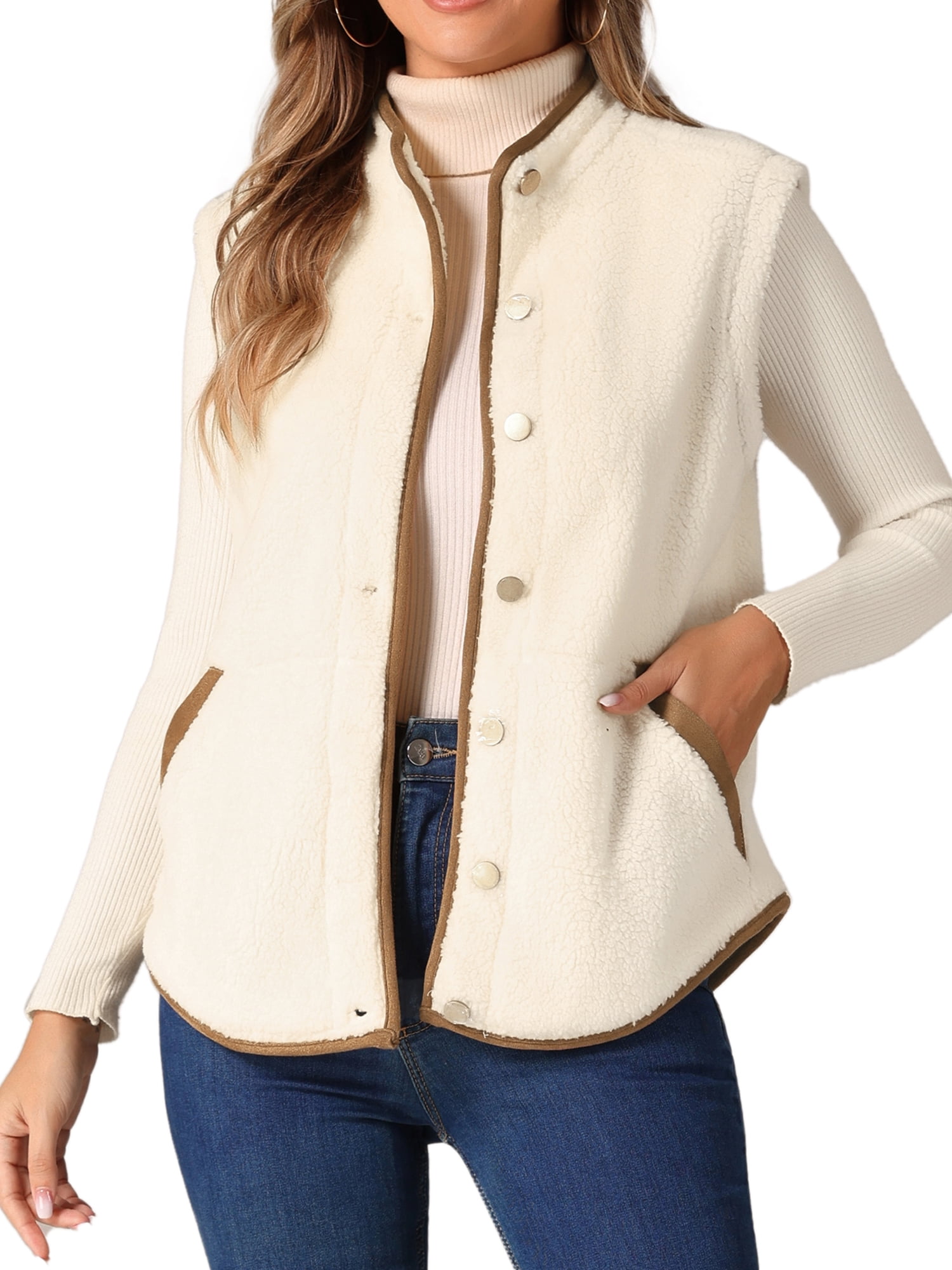 DARING DIVA Women's Fleece Button Down Jacket with Pockets Oversized Fuzzy Vests S Apricot Brown