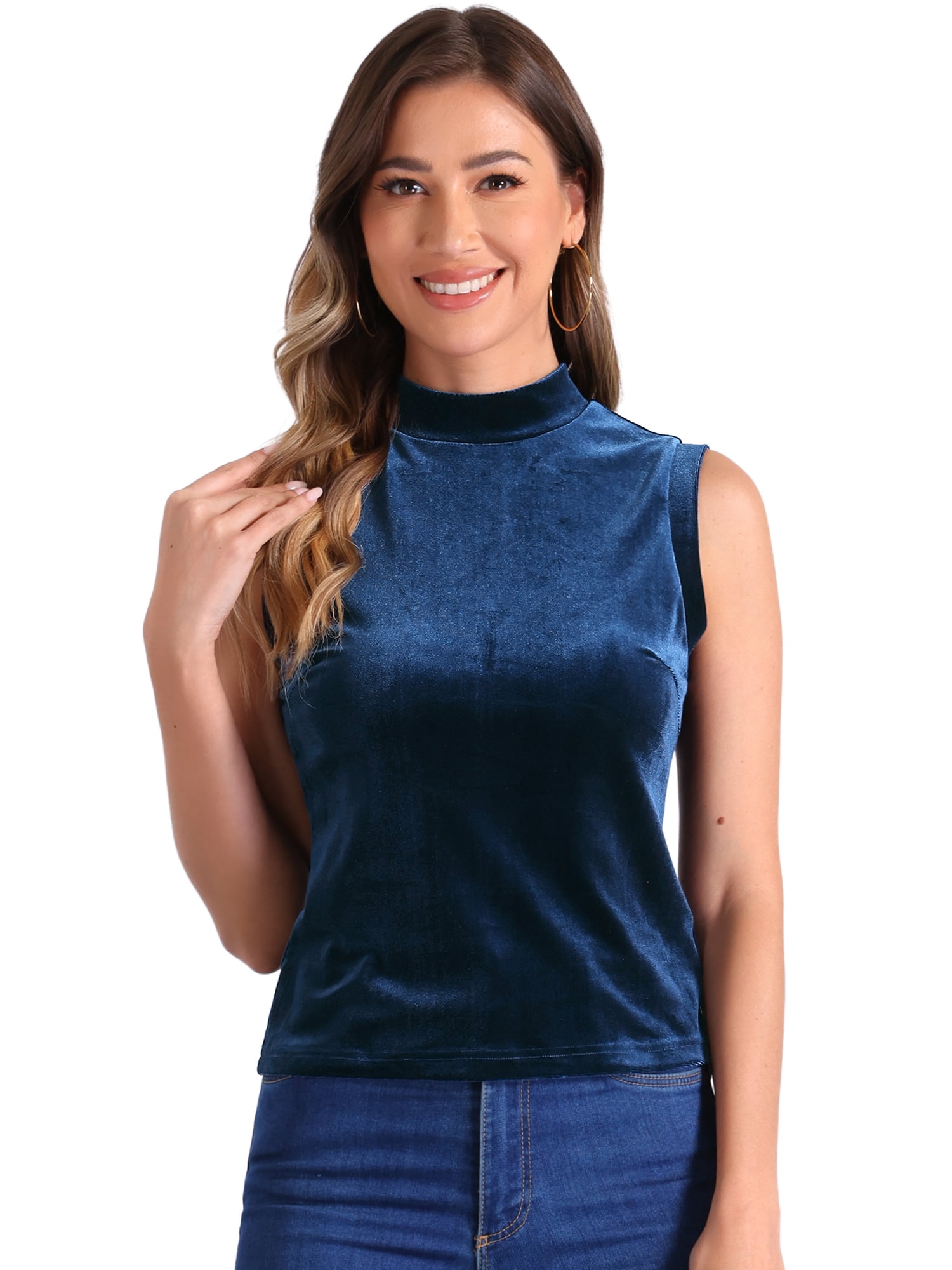 DARING DIVA Women Velvet Sleeveless Mock Neck Tank Tops Shirts L Deep Blue