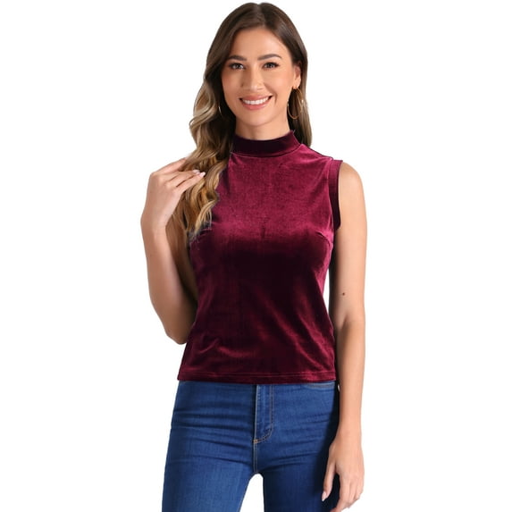 DARING DIVA Women Velvet Sleeveless Mock Neck Tank Tops Shirts XS Wine Red