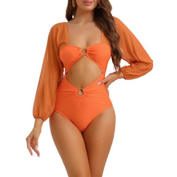 DARING DIVA Women's 1 Piece Cut Out Ring Plunge Neck Shirred Bikini S Light Orange