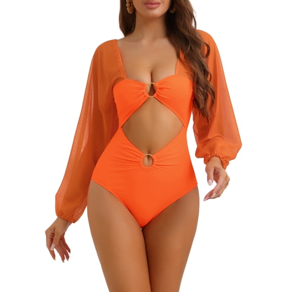 DARING DIVA Women's 1 Piece Cut Out Ring Plunge Neck Shirred Bikini S Orange