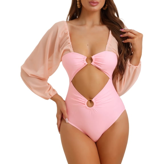 DARING DIVA Women's 1 Piece Cut Out Ring Plunge Neck Shirred Bikini XL Pink