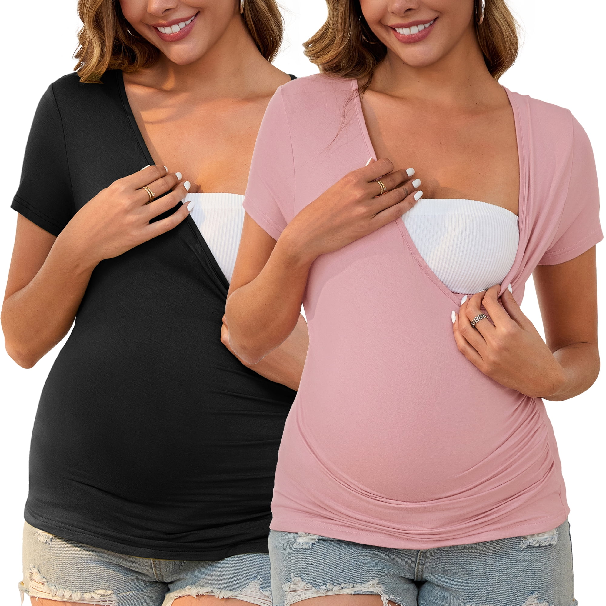 DARING DIVA Women's 2 Packs Ruched V Neck Maternity Nursing Blouse L Black&Pink