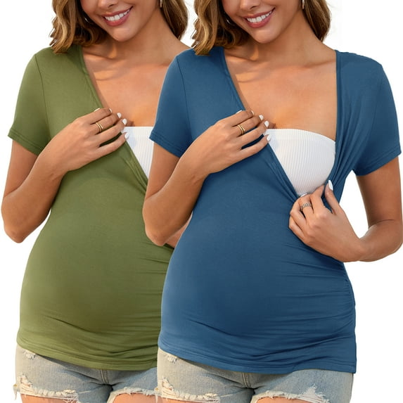DARING DIVA Women's 2 Packs Ruched V Neck Maternity Nursing Blouse M Army Green&Blue