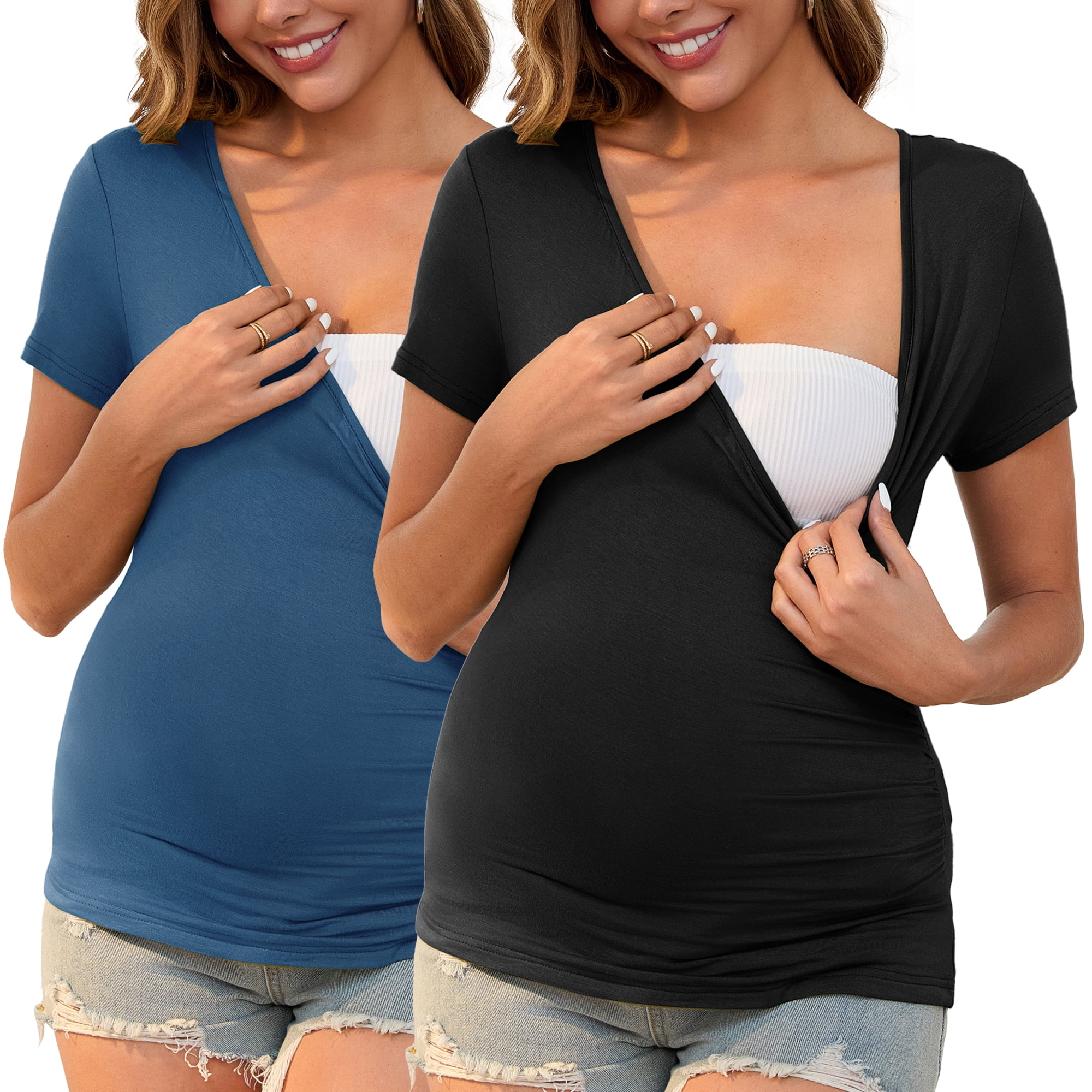 DARING DIVA Women's 2 Packs Ruched V Neck Maternity Nursing Blouse M Black&Blue
