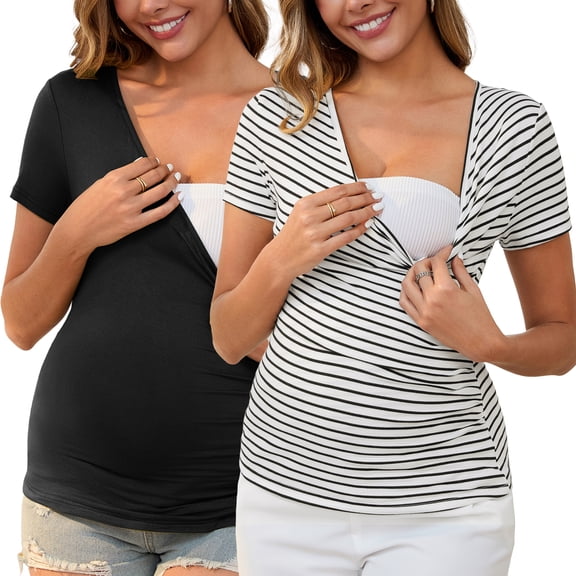 DARING DIVA Women's 2 Packs Ruched V Neck Maternity Nursing Blouse M Black&Striped