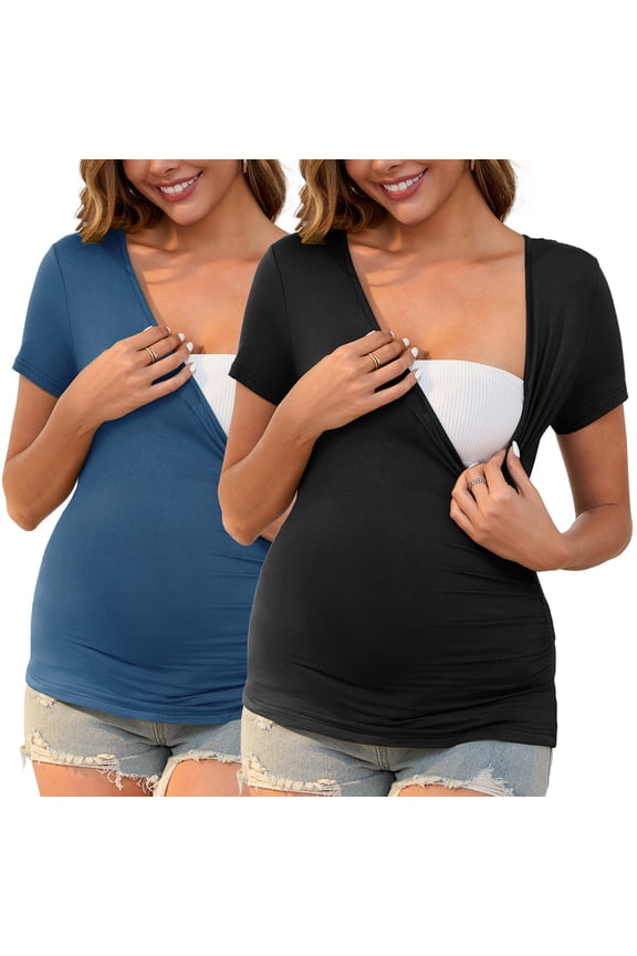 Women's 2 Packs Ruched V Neck Maternity Nursing Blouse S Black&Blue