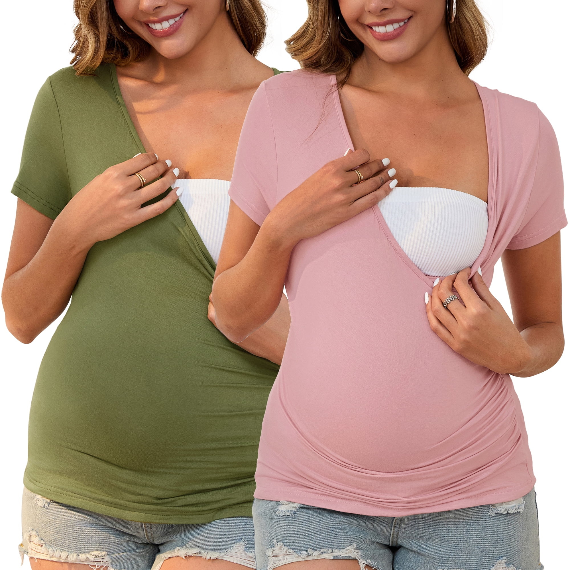 DARING DIVA Women's 2 Packs Ruched V Neck Maternity Nursing Blouse S Pink&Army Green