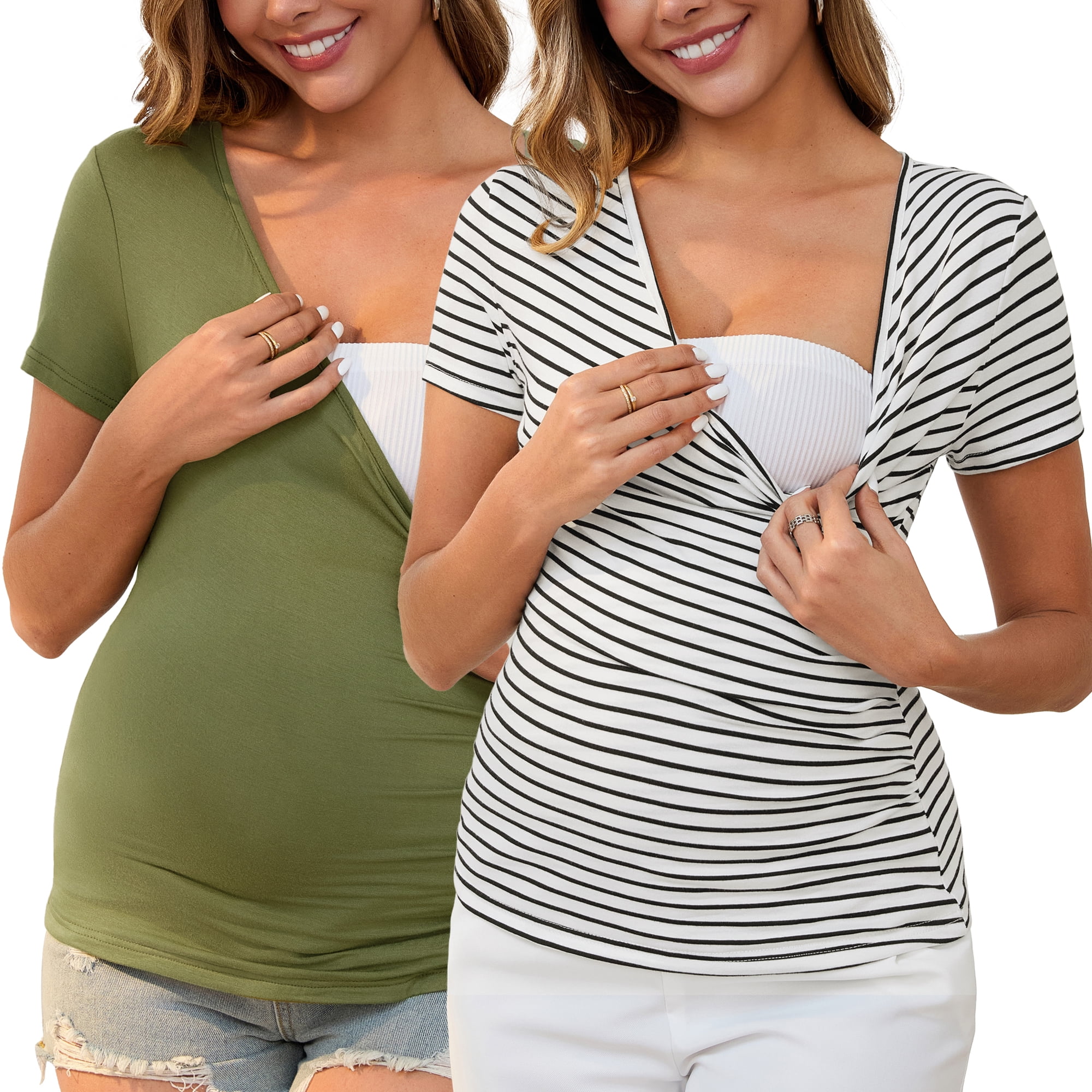 DARING DIVA Women's 2 Packs Ruched V Neck Maternity Nursing Blouse XXL Army Green&Striped