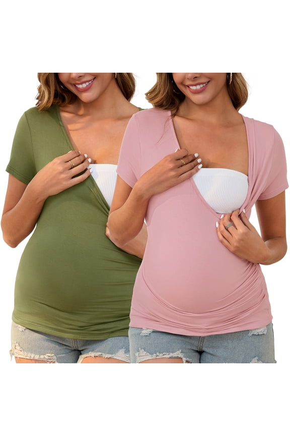 Women's 2 Packs Ruched V Neck Maternity Nursing Blouse XXL Pink&Army Green