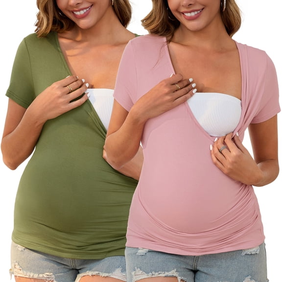 DARING DIVA Women's 2 Packs Ruched V Neck Maternity Nursing Blouse XXL Pink&Army Green