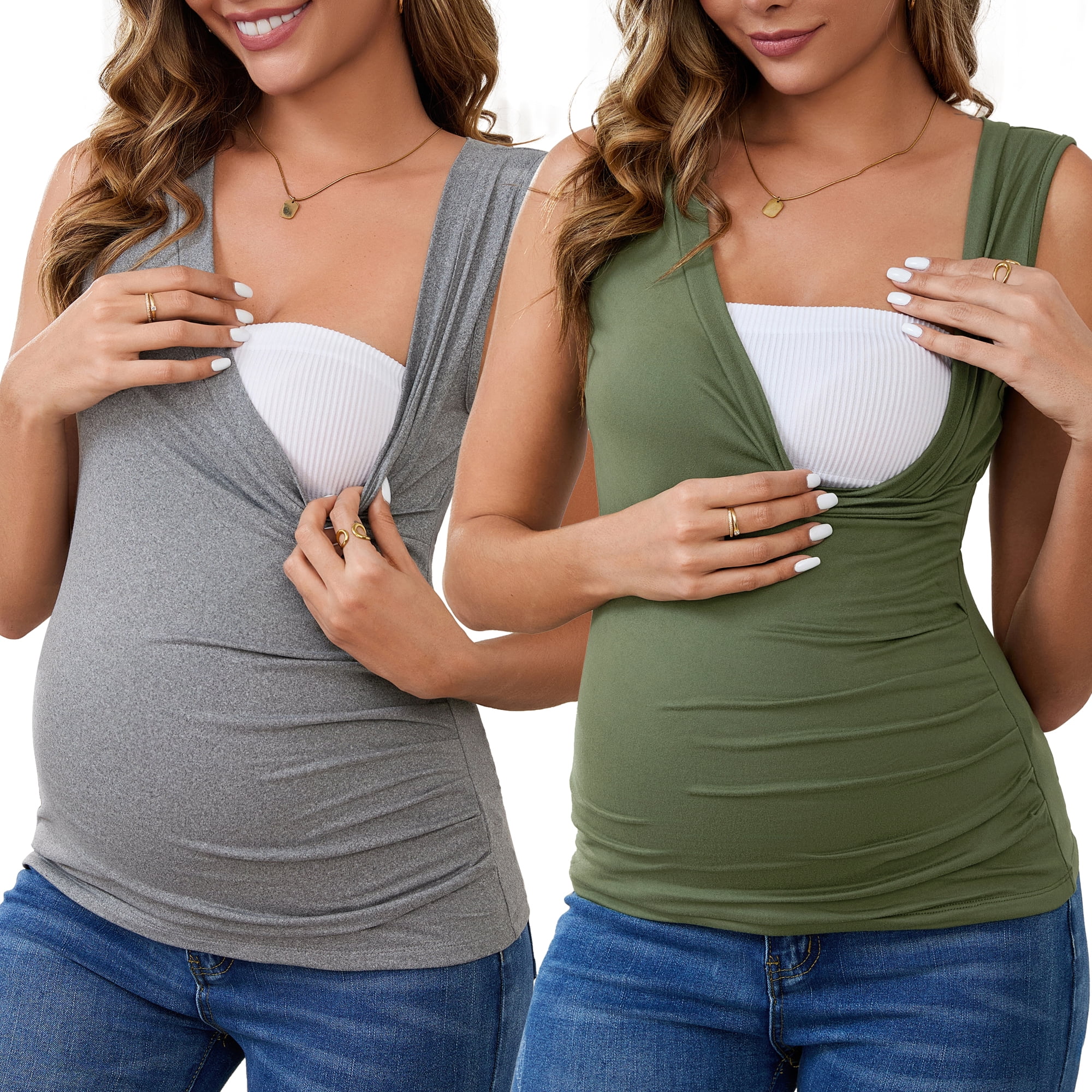 DARING DIVA Women's Nursing Tank Wrap V-Neck Ruched Breastfeeding Tops L Gray & Green