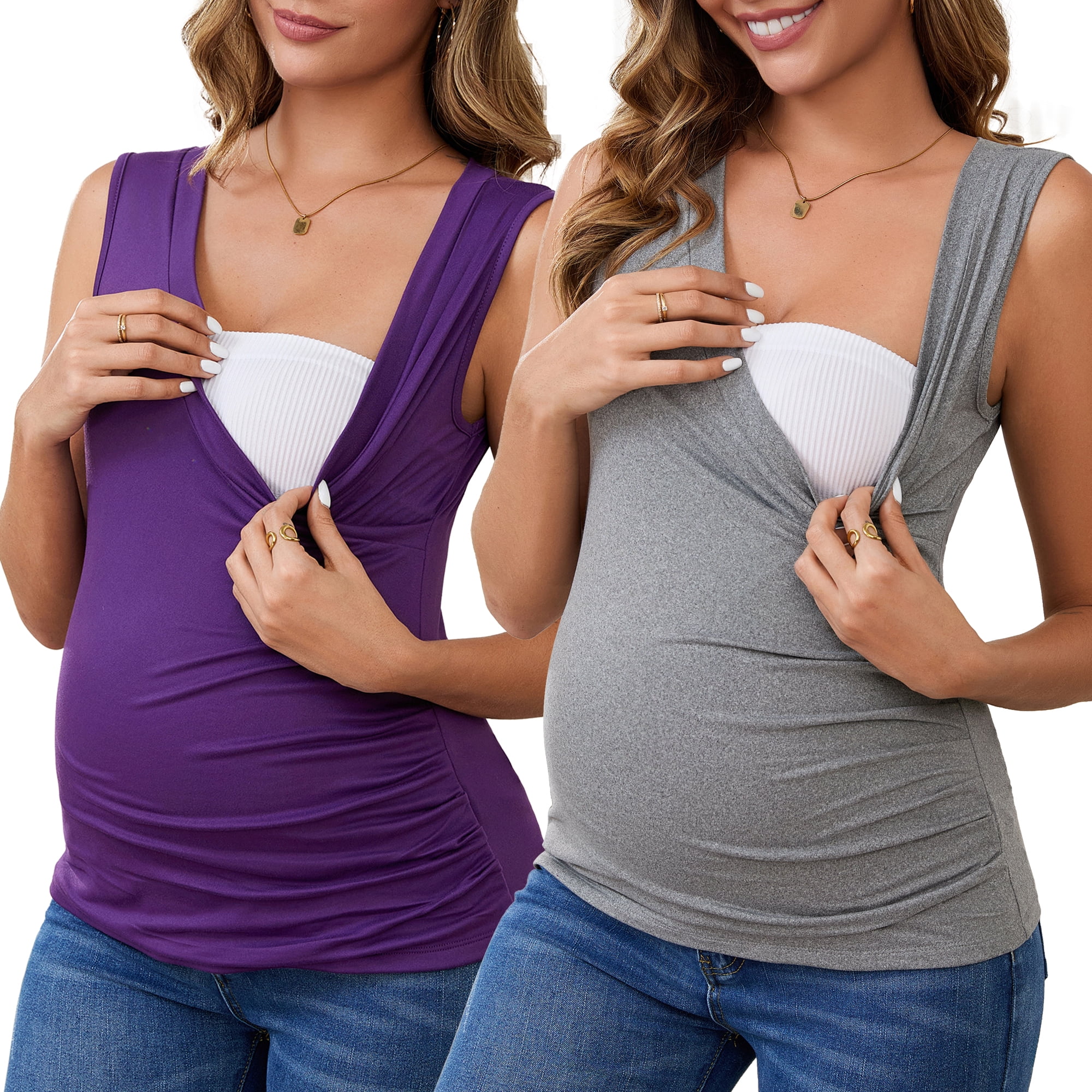 DARING DIVA Women's Nursing Tank Wrap V-Neck Ruched Breastfeeding Tops S Gray & Purple