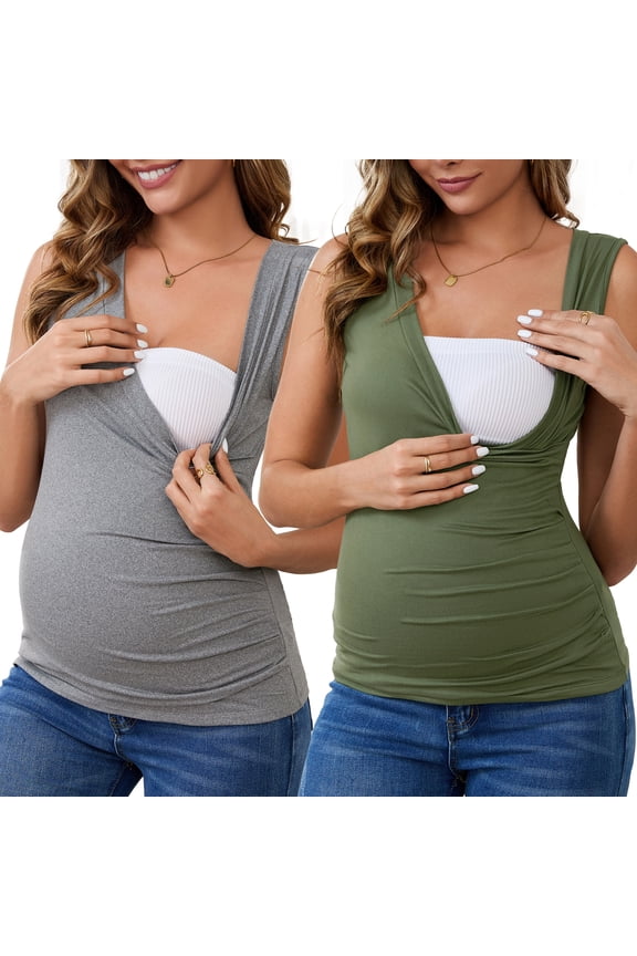 Women's Nursing Tank Wrap V-Neck Ruched Breastfeeding Tops XXL Gray & Green