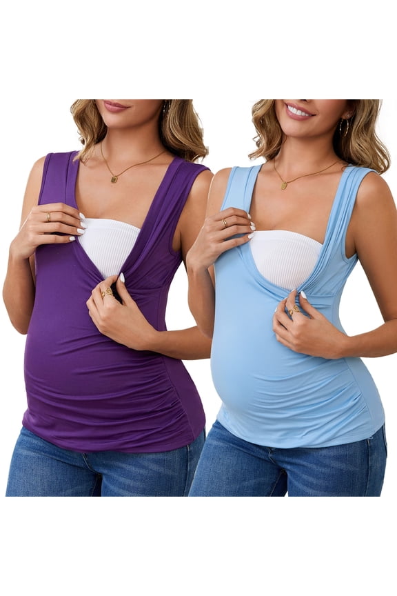 Women's Nursing Tank Wrap V-Neck Ruched Breastfeeding Tops XXL Purple & Blue