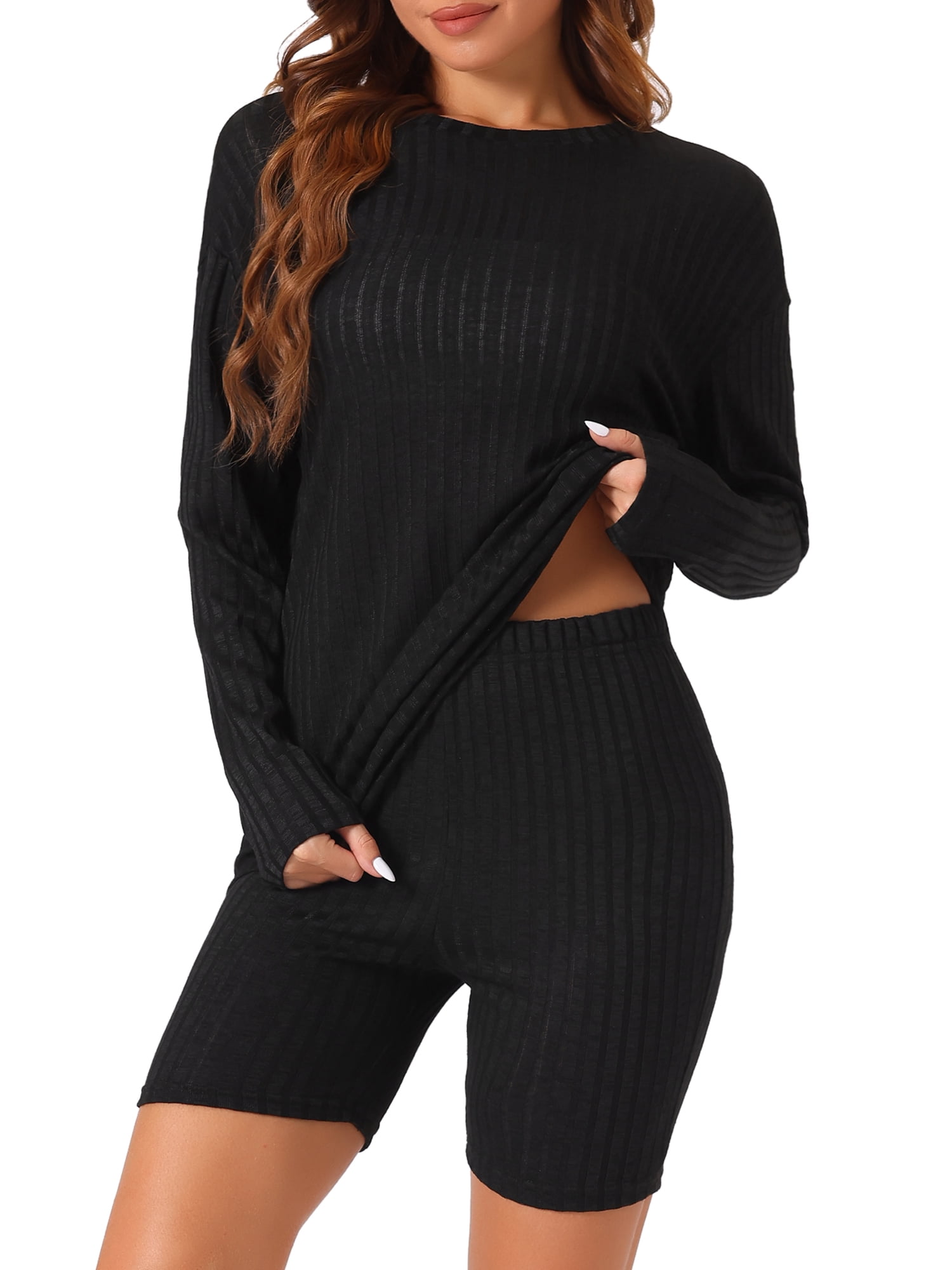 DARING DIVA Women's 2 Pcs Biker Shorts Lounge Sets Ribbed Knit Outfits Black M