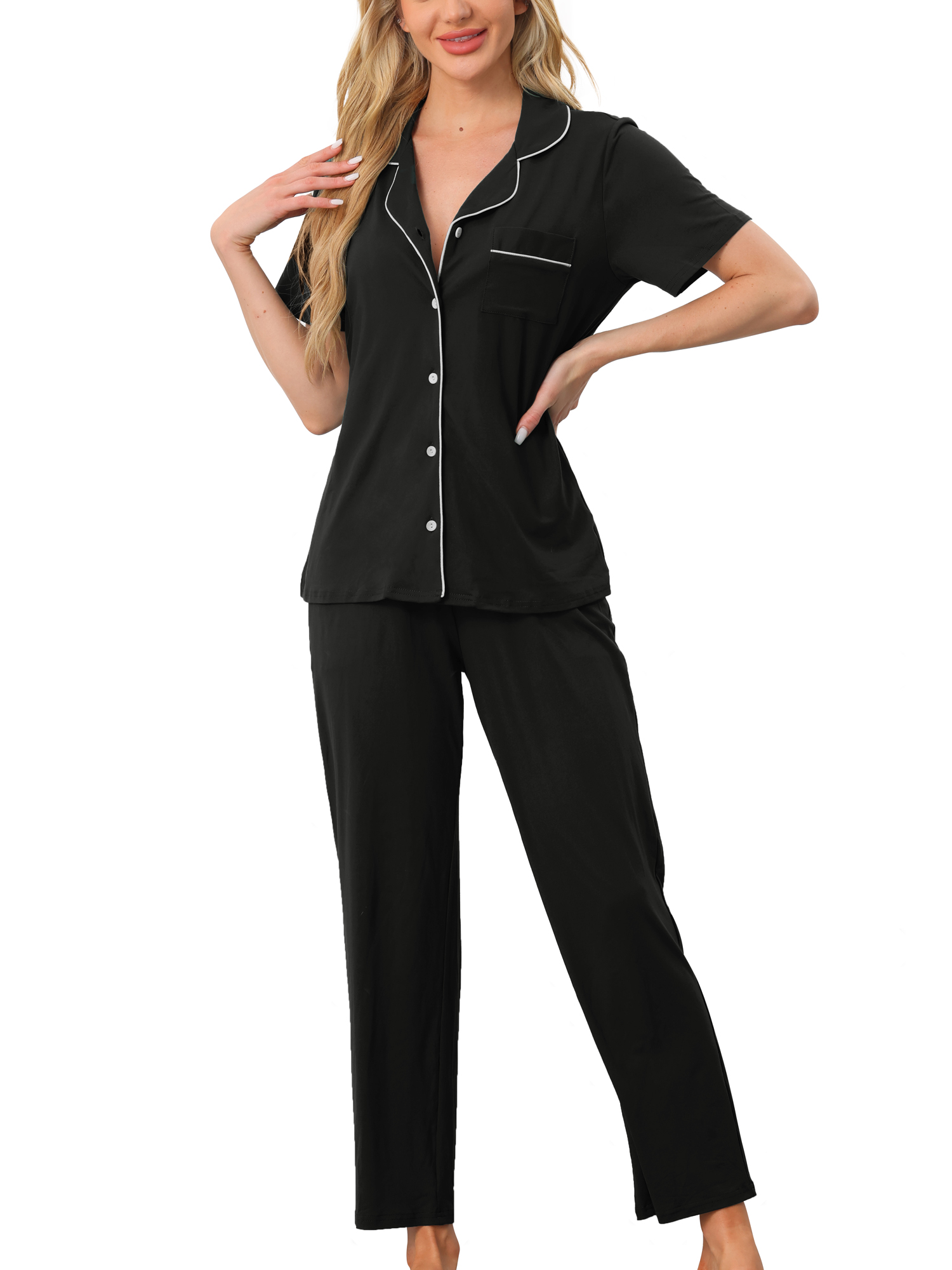DARING DIVA Women's Pajama Set Button Down Soft Short Sleeve Long Pants 2XL Black