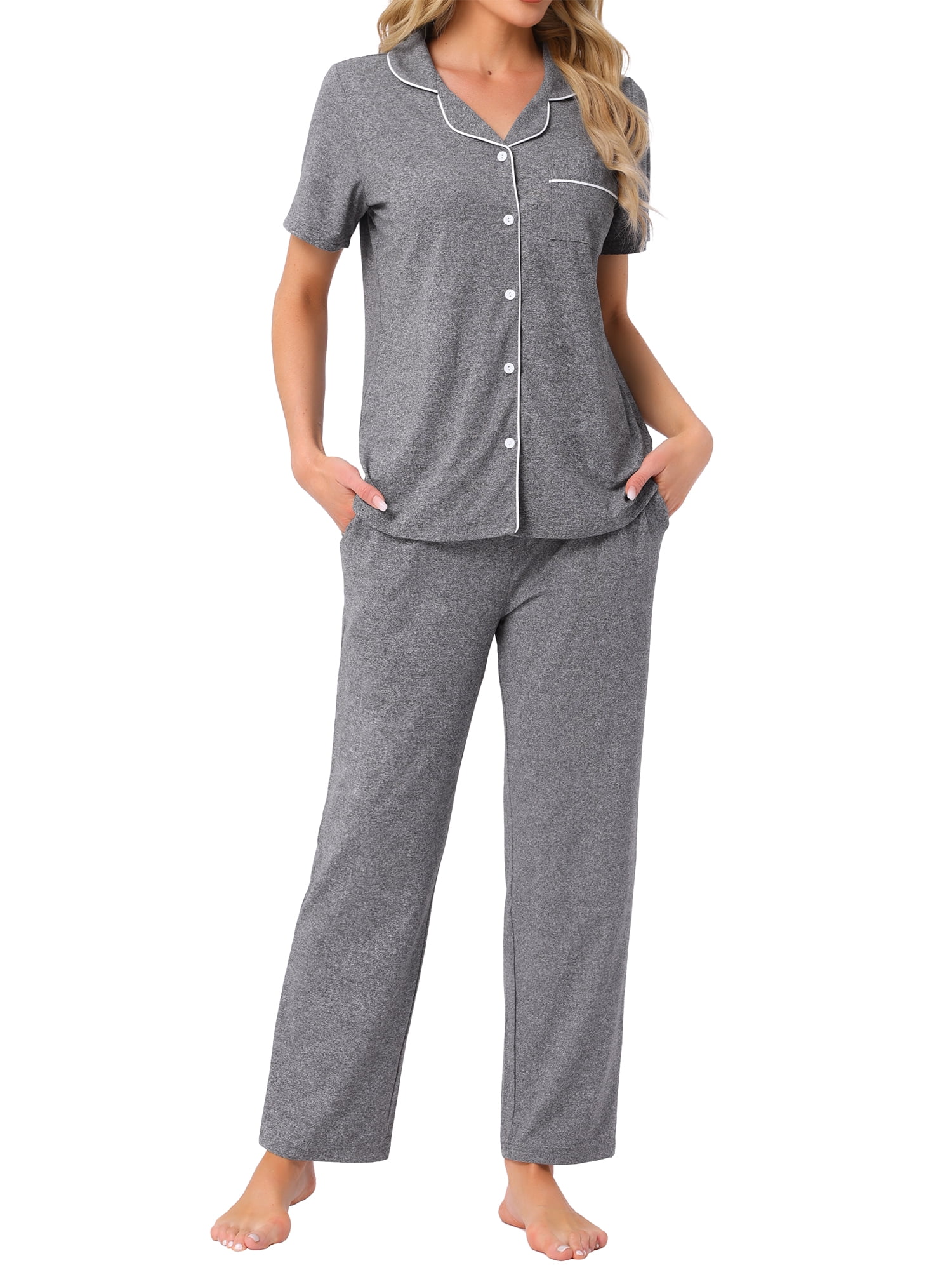 DARING DIVA Women's Pajama Set Button Down Soft Short Sleeve Long Pants S Deep Grey