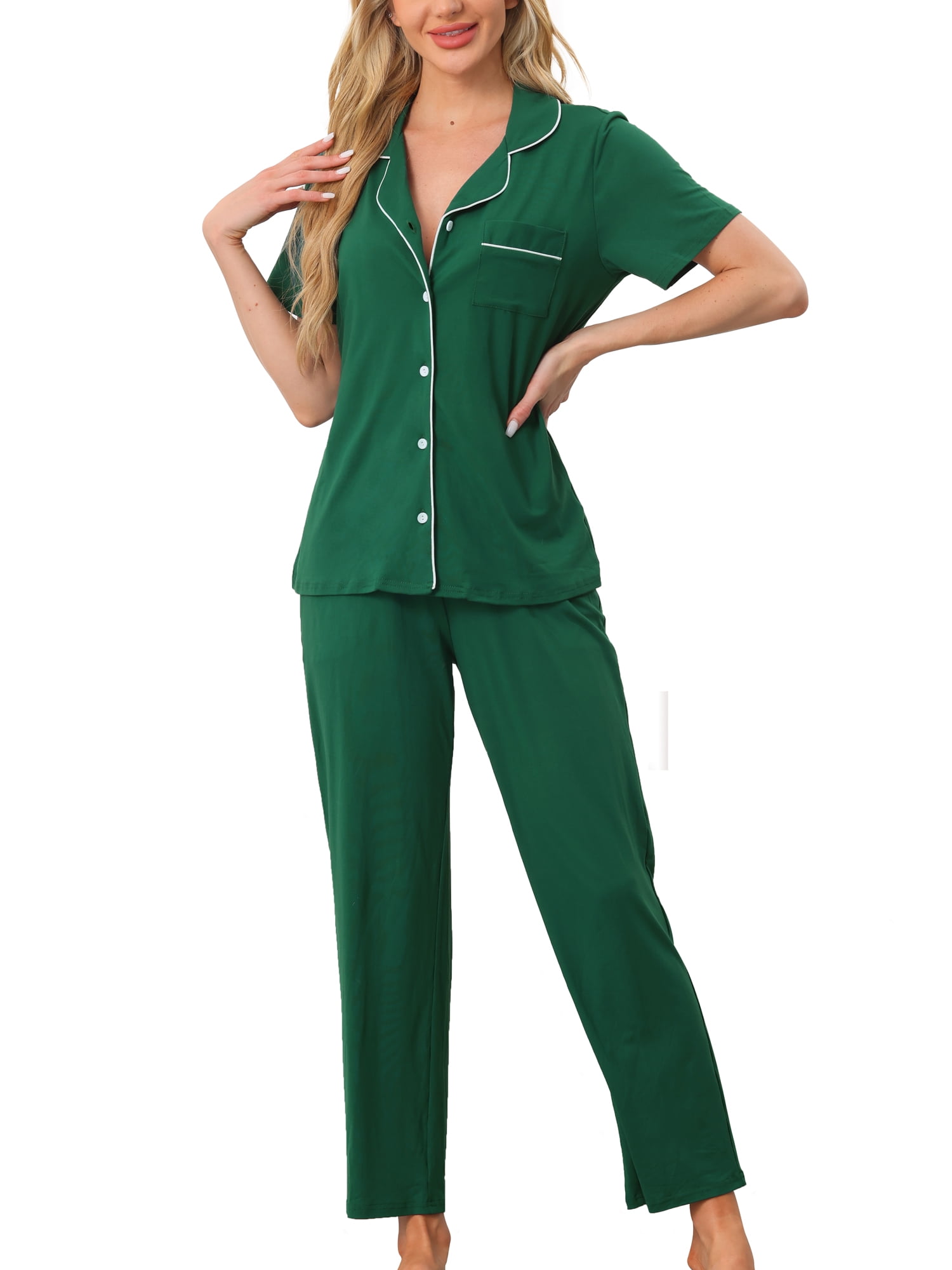 DARING DIVA Women's Pajama Set Button Down Soft Short Sleeve Long Pants XL Green