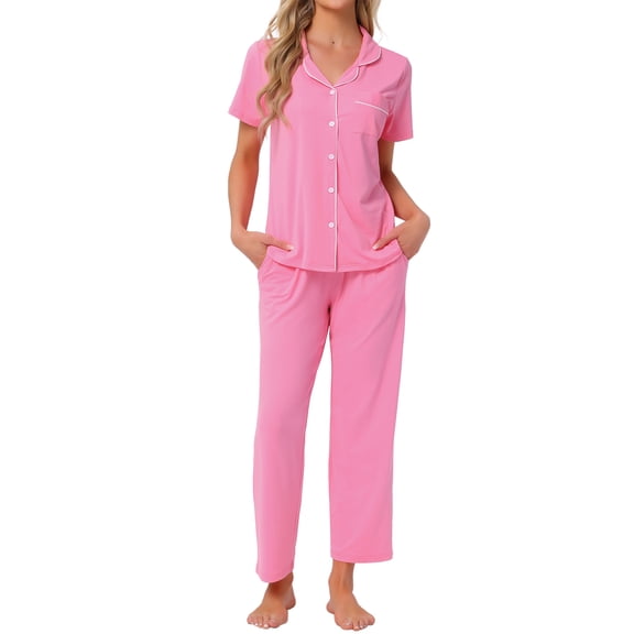 DARING DIVA Women's 2 Pcs Button Down Soft Sleepwear Long Pants Lounge Set Light Pink XS