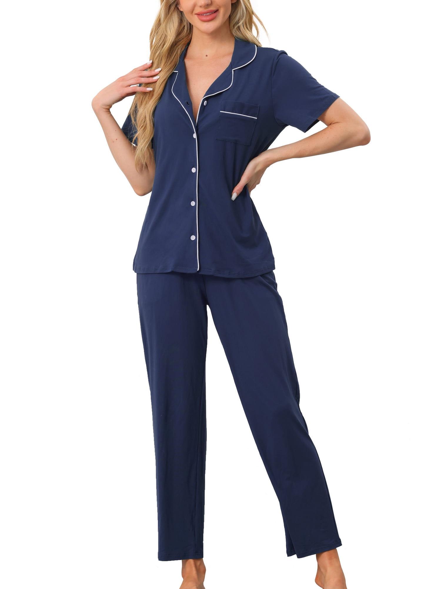 DARING DIVA Women's Pajama Set Button Down Soft Short Sleeve Long Pants 2XL Navy