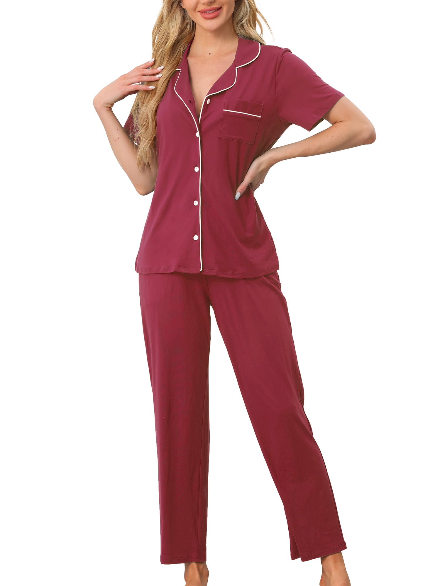 DARING DIVA Women's Pajama Set Button Down Soft Short Sleeve Long Pants XS Red