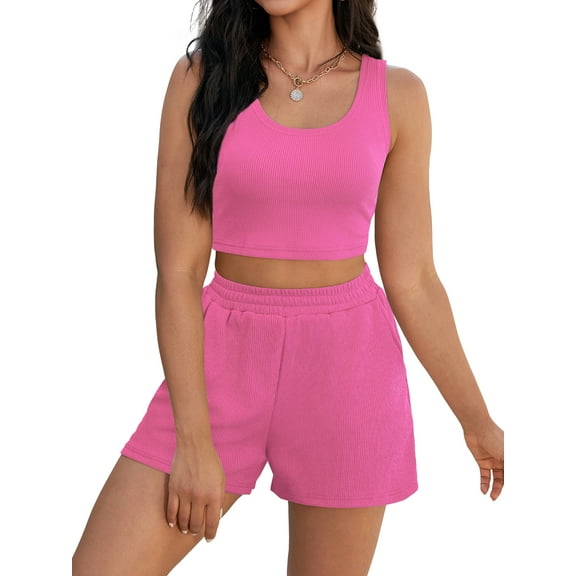 DARING DIVA Women's 2 Pcs Casual Outfit Set with Tank and Shorts M Hot Pink