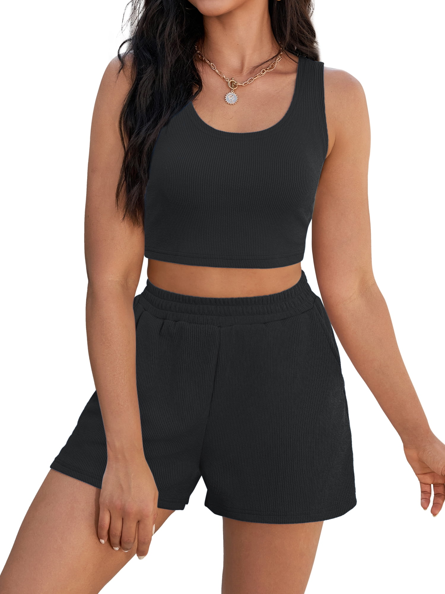 DARING DIVA Women's Stylish Two Piece Summer Outfit with Cropped Tank and Shorts S Black