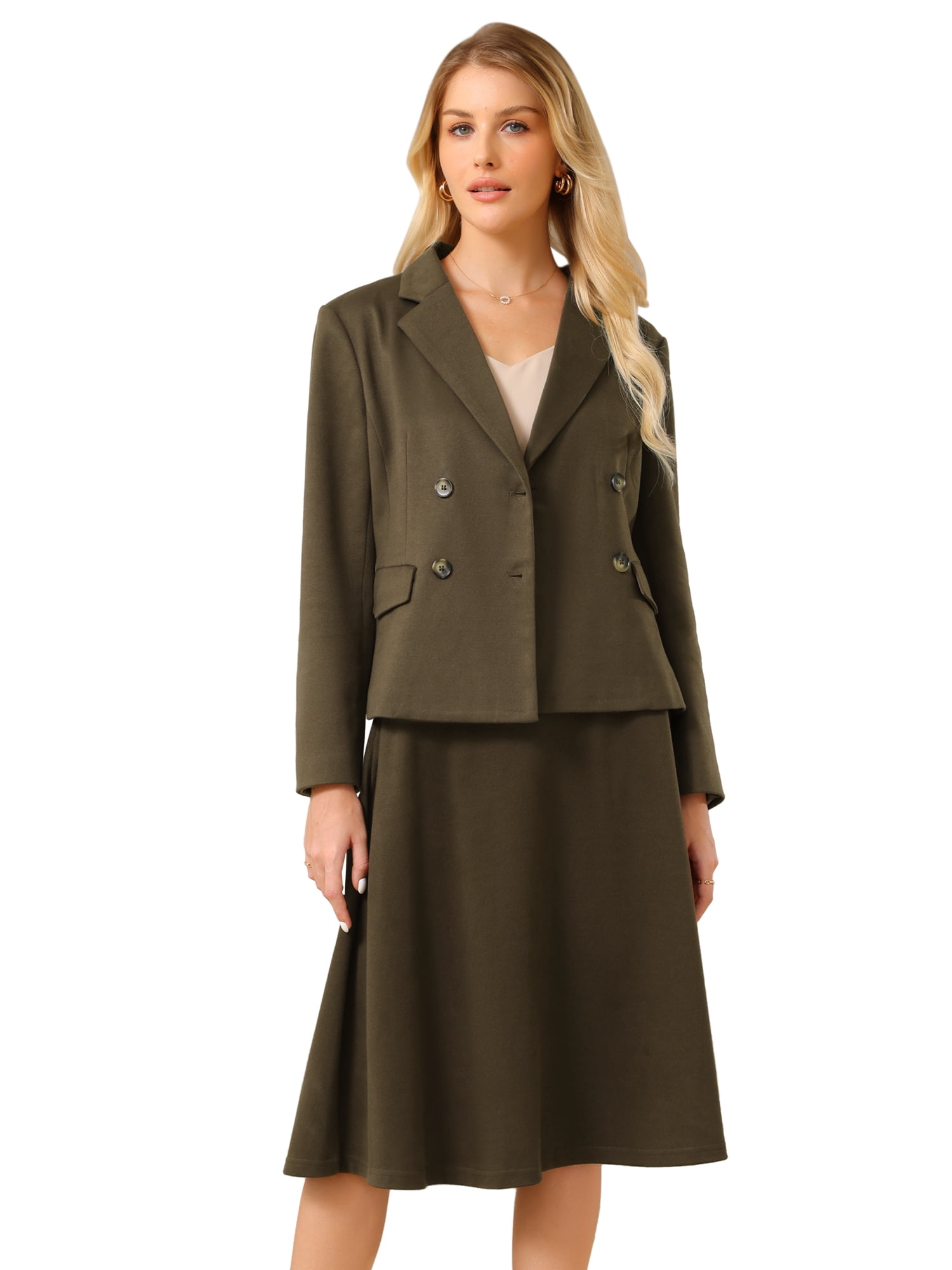DARING DIVA Women's 2Pcs Double Breasted Blazers and A-Line Skirts Set L Dark Brown