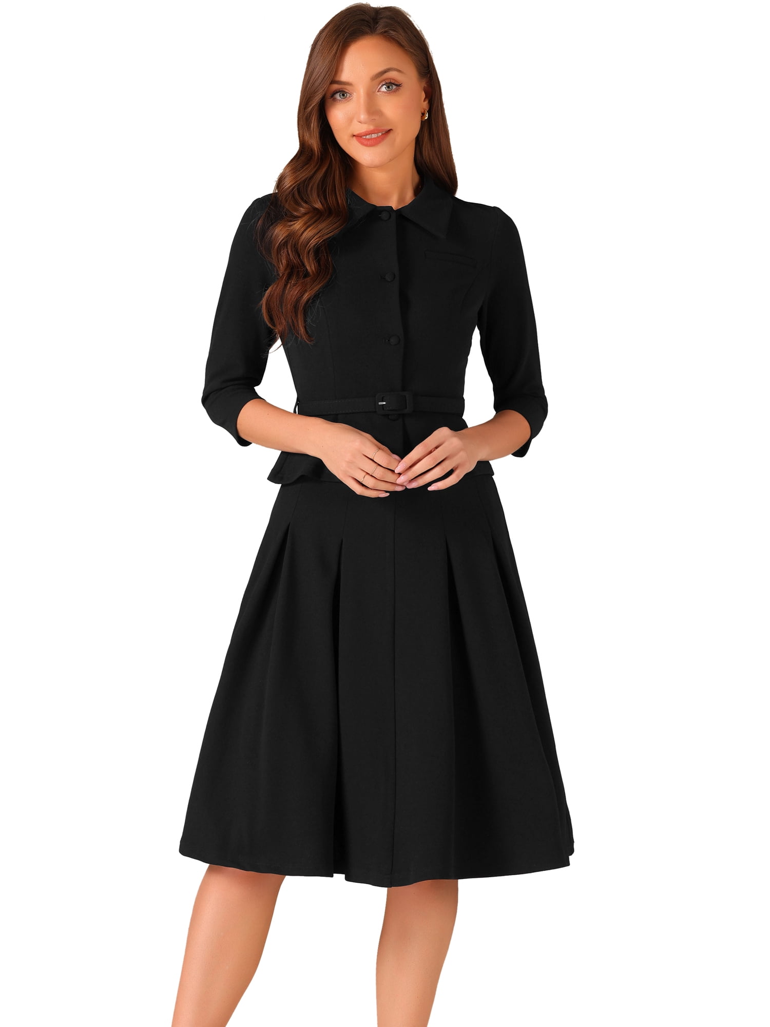 DARING DIVA Women's 2 Pcs Long Sleeve Jacket Pleated Skirt Suit Sets L Black