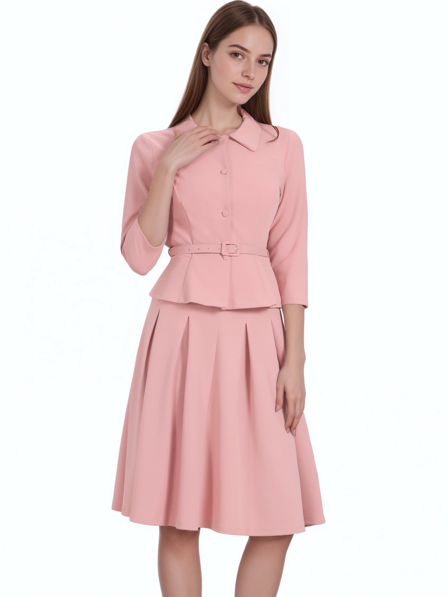 DARING DIVA Women's 2 Pcs Long Sleeve Jacket Pleated Skirt Suit Sets L Dusty Pink