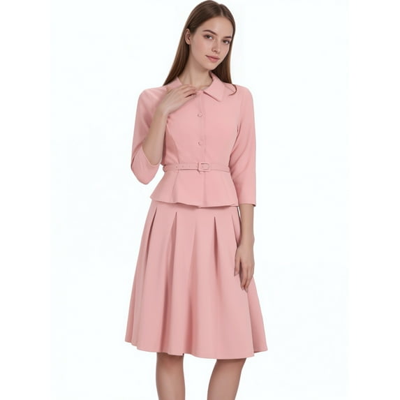 DARING DIVA Women's 2 Pcs Long Sleeve Jacket Pleated Skirt Suit Sets L Dusty Pink
