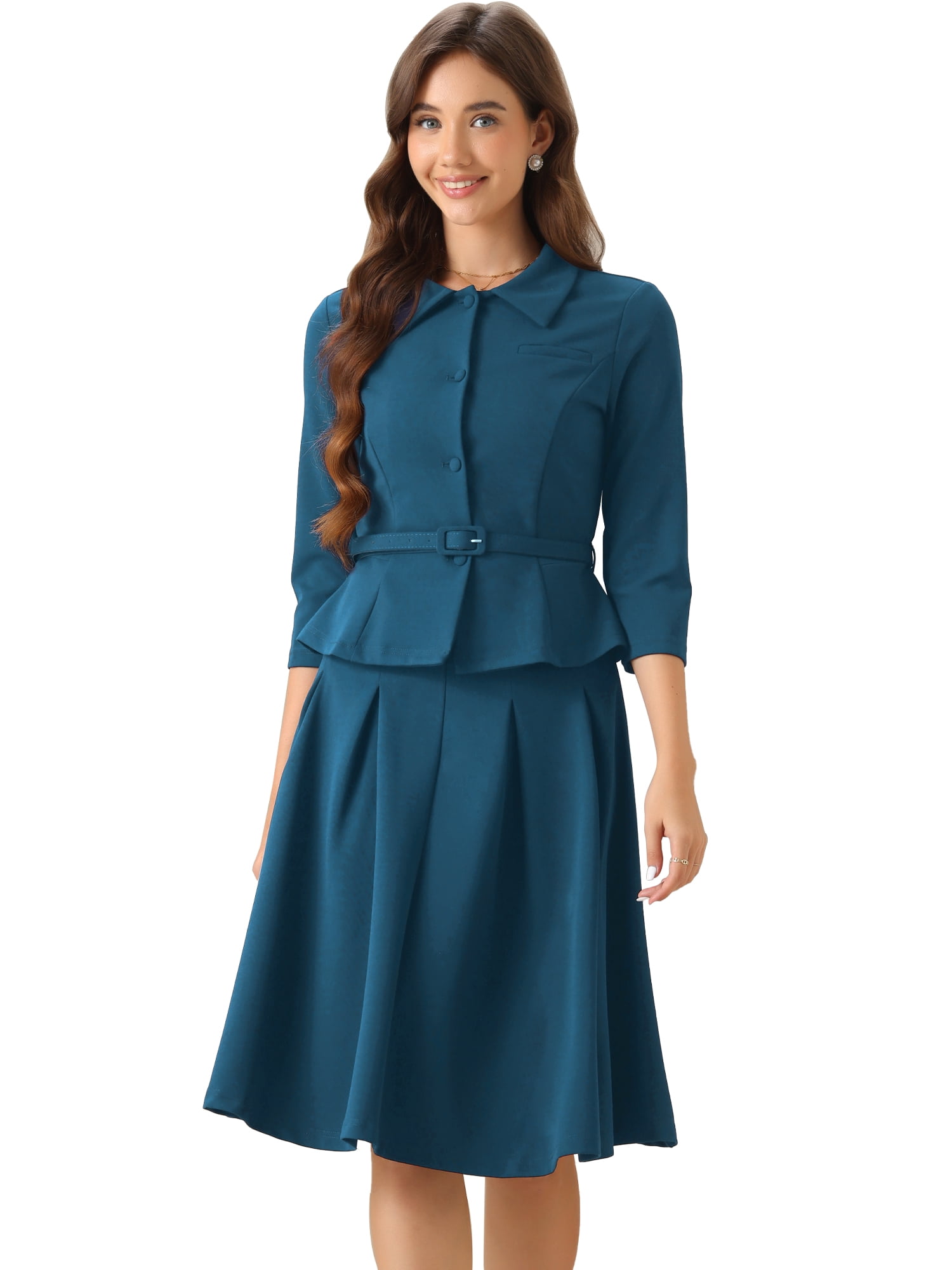 DARING DIVA Women's 2 Pcs Long Sleeve Jacket Pleated Skirt Suit Sets M Lake Blue