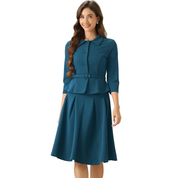 DARING DIVA Women's 2 Pcs Long Sleeve Jacket Pleated Skirt Suit Sets M Lake Blue