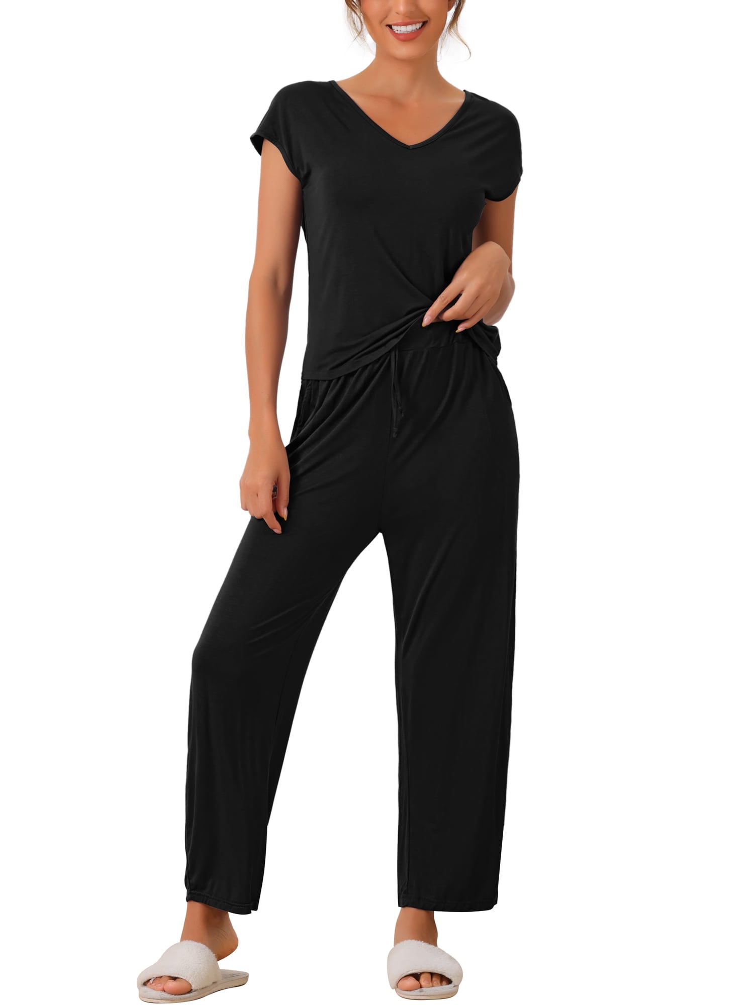 DARING DIVA Women's Short Sleeve Pajama Set Loungewear Long Pants Sweatsuit XL Black