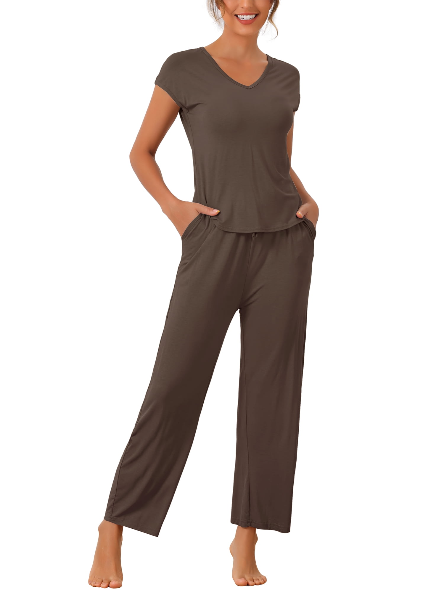 DARING DIVA Women's Short Sleeve Pajama Set Loungewear Long Pants Sweatsuit M Brown
