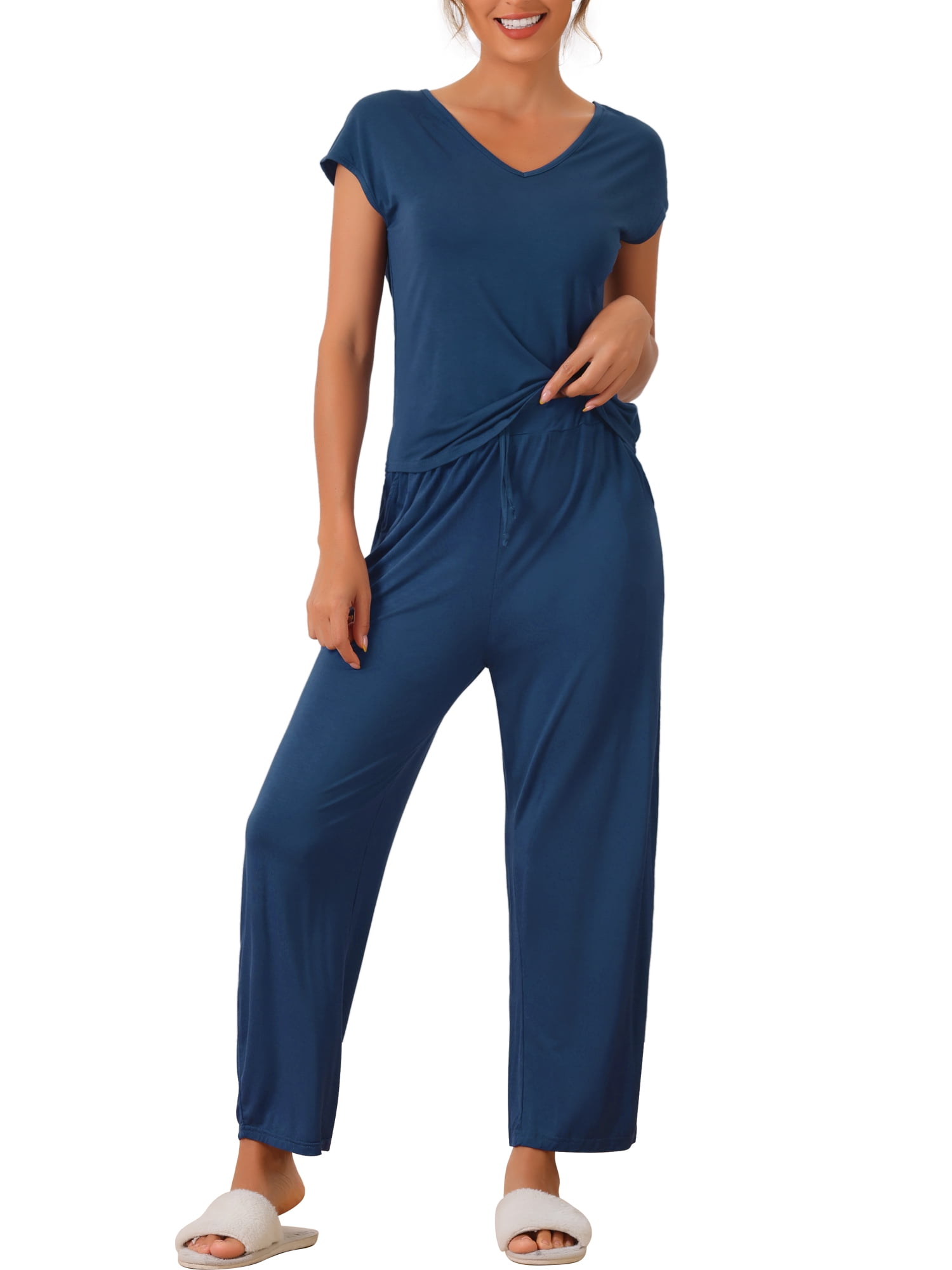 DARING DIVA Women's Short Sleeve Pajama Set Loungewear Long Pants Sweatsuit S Deep Blue