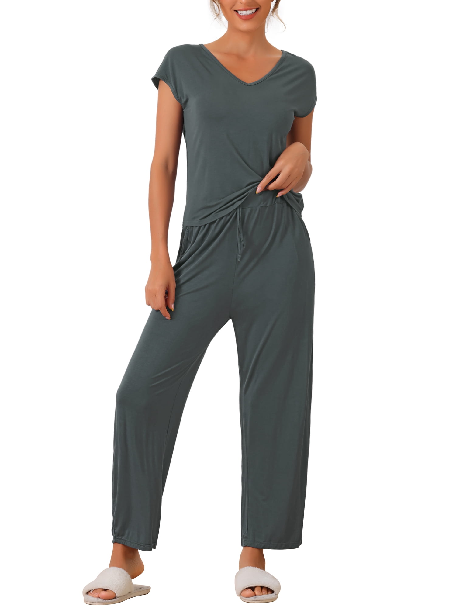 DARING DIVA Women's Short Sleeve Pajama Set Loungewear Long Pants Sweatsuit L Deep Grey