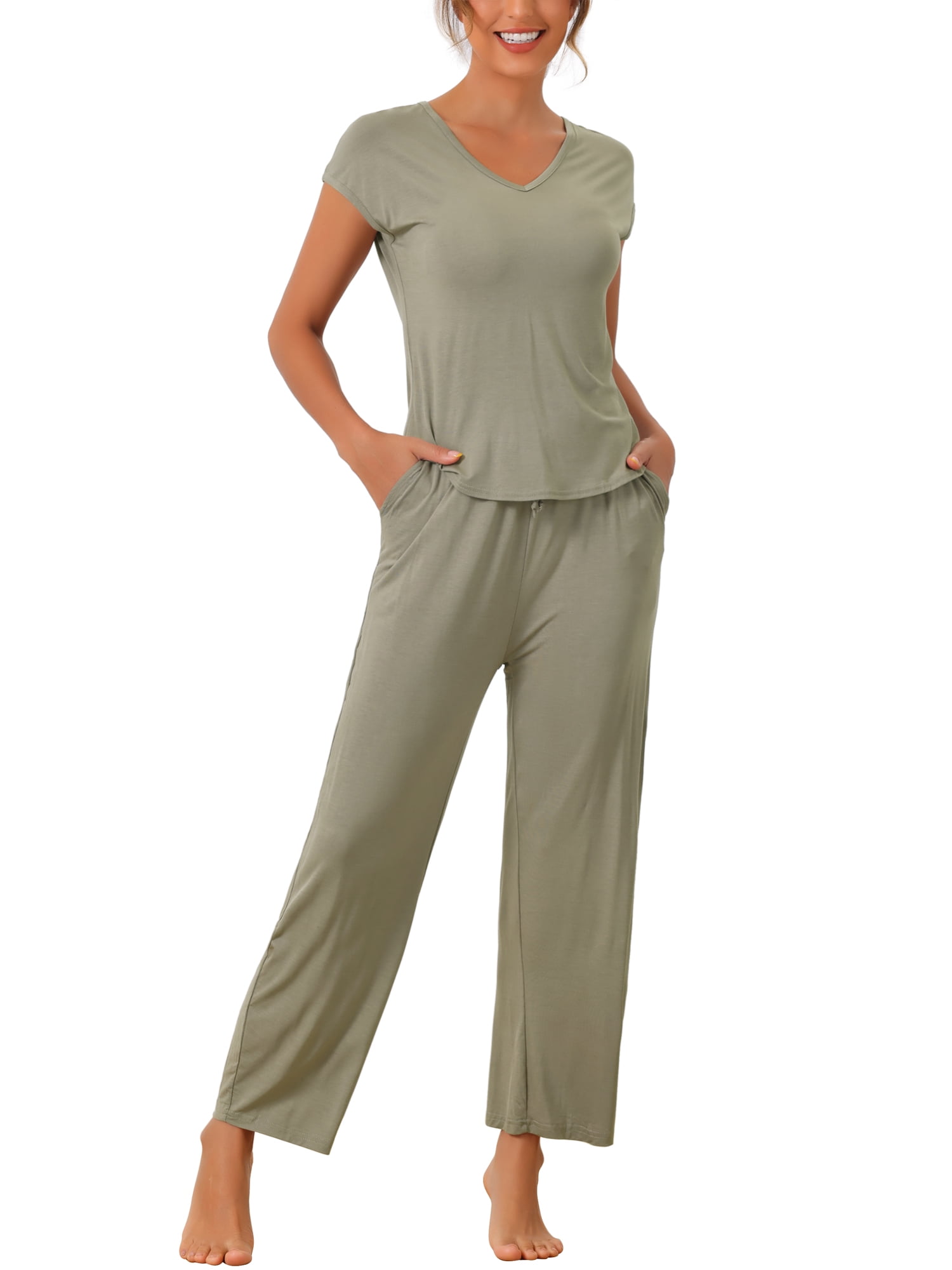 DARING DIVA Women's Short Sleeve Pajama Set Loungewear Long Pants Sweatsuit XS Grey Green