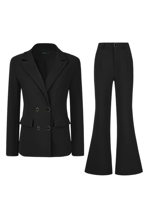 Women's 2 Pcs Notched Lapel Blazer Work Suit Set XS Black