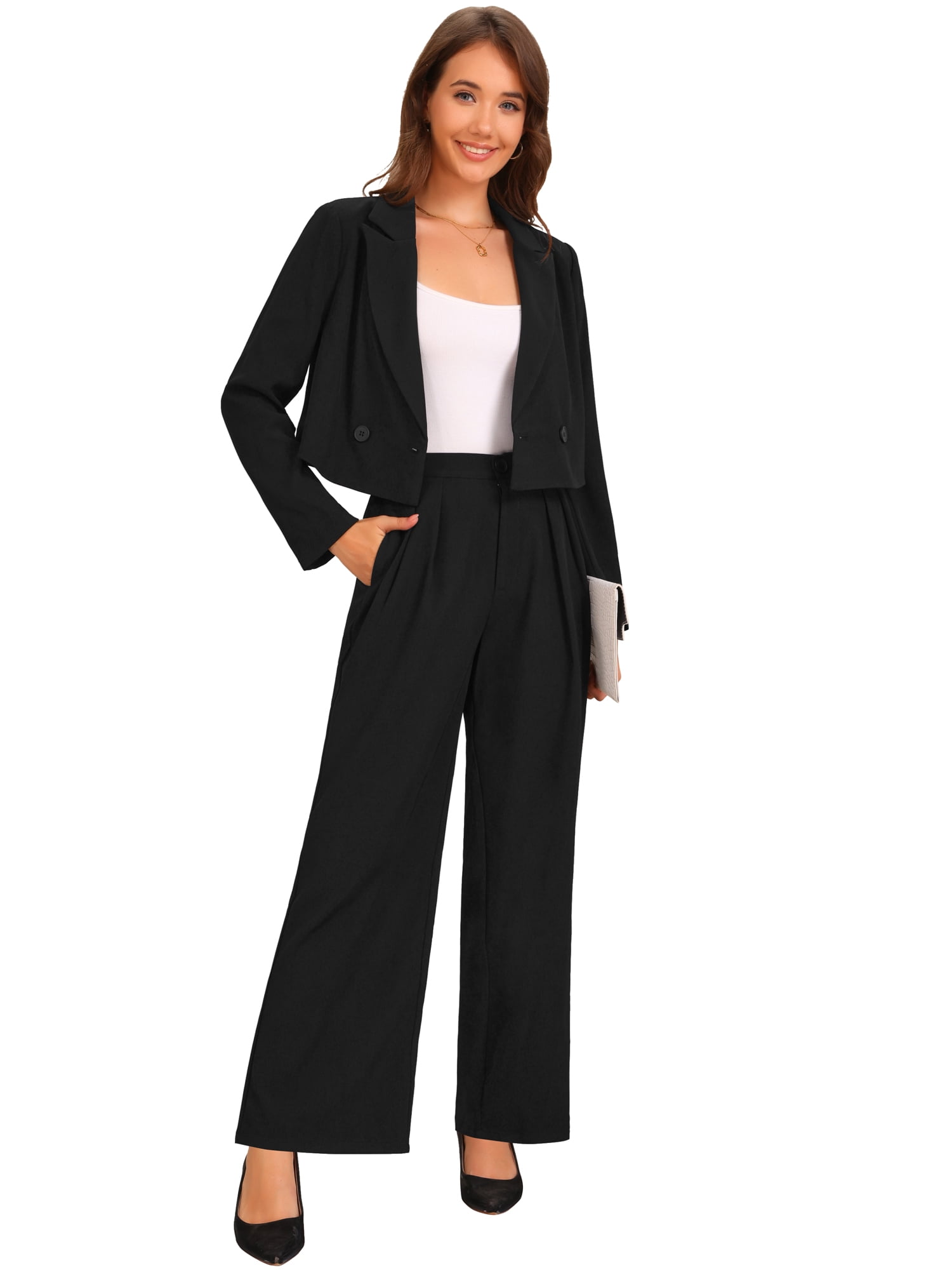 DARING DIVA Women's 2 Pcs Notched Lapel Jacket Wide Leg Pant L Black