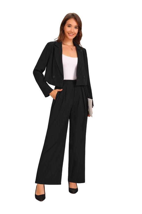 Women's 2 Pcs Notched Lapel Jacket Wide Leg Pant M Black