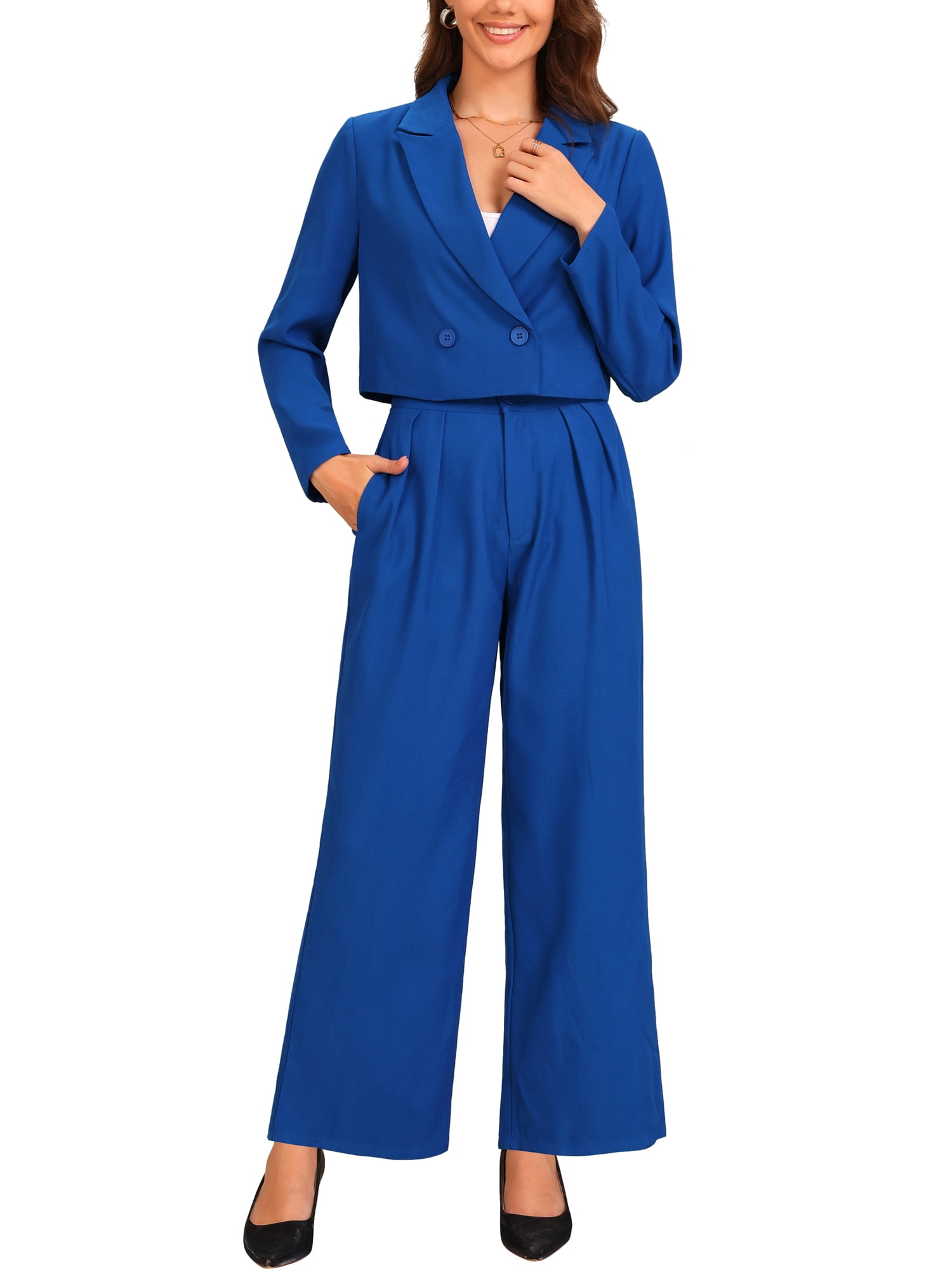 DARING DIVA Women's 2 Pcs Notched Lapel Jacket Wide Leg Pant S Blue