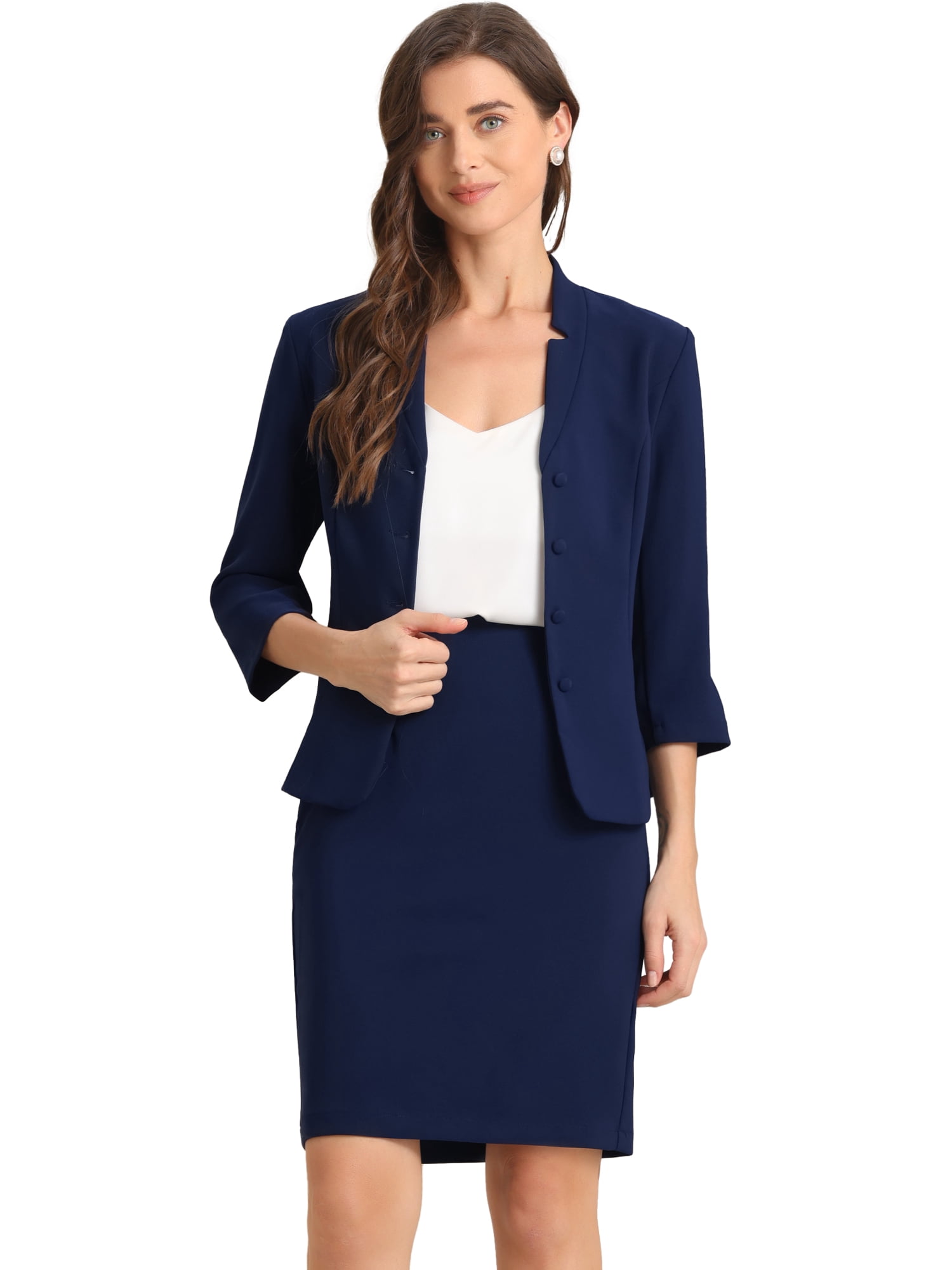 DARING DIVA 2Pcs Women's Notched Collar Business Pencil Skirt Suit Set M Dark Blue