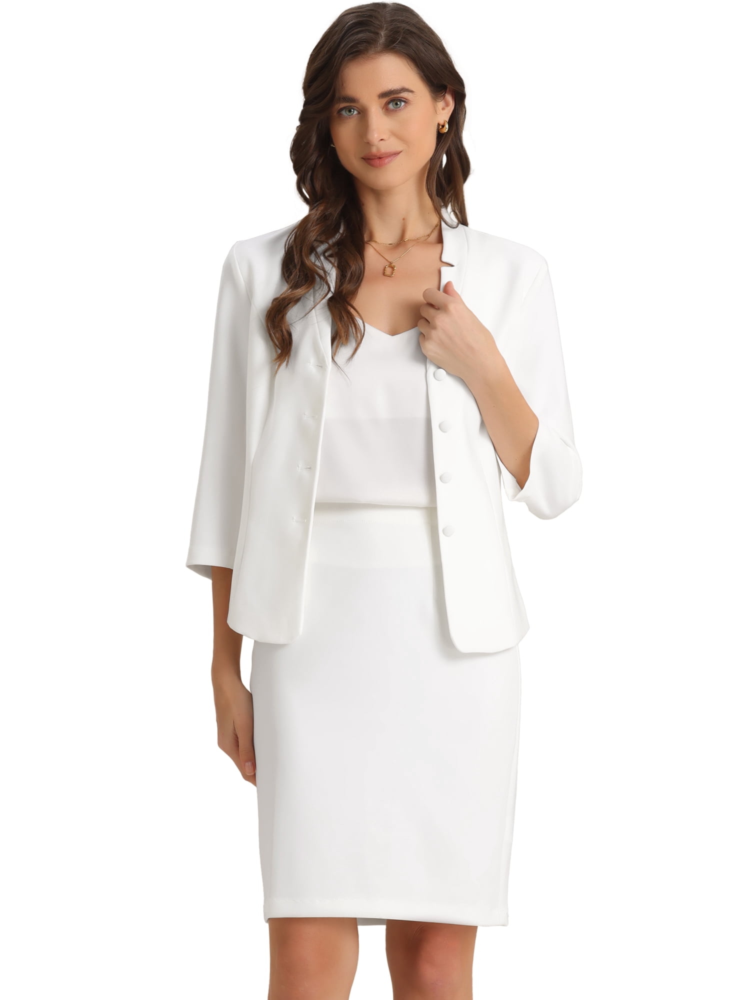 DARING DIVA 2Pcs Women's Notched Collar Business Pencil Skirt Suit Set S White
